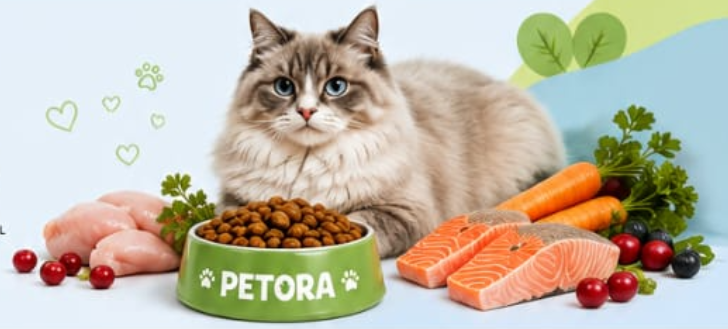 Cat with Petora food bowl, surrounded by fresh ingredients